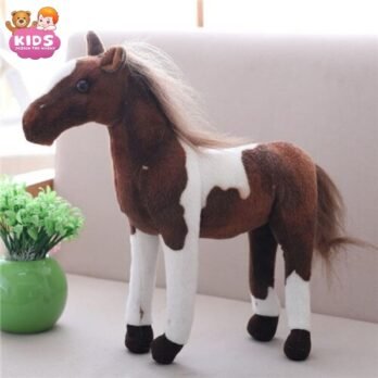 Mignon Cheval En Peluche Marron Et Blanc