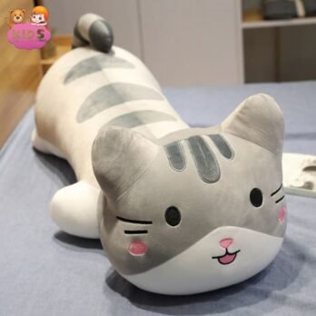 Grand Coussin Chat En Peluche Gris