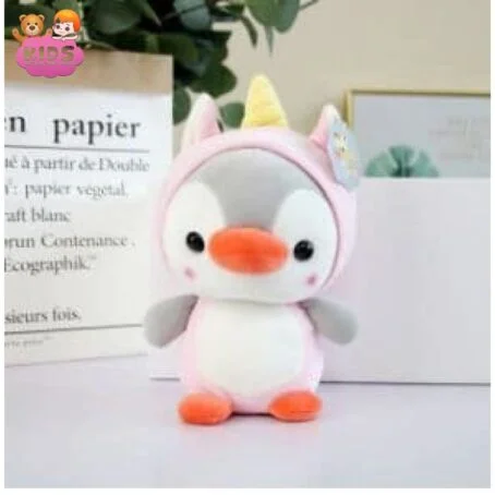 Peluche pingouin habillée en licorne