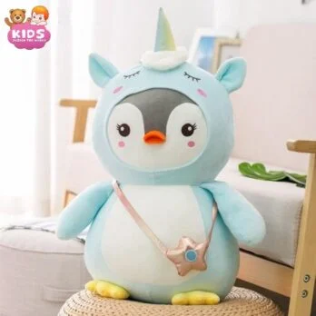 Peluche De Pingouin En Costume De Licorne Bleue